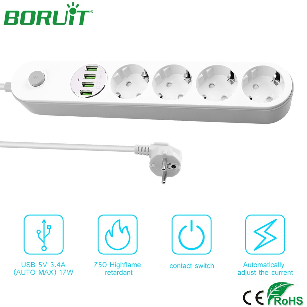 

BORUiT Smart Universal Extension Power Socket EU Electrical Outlet Combo USB Power Socket Strip with Switch for Home Kitchen