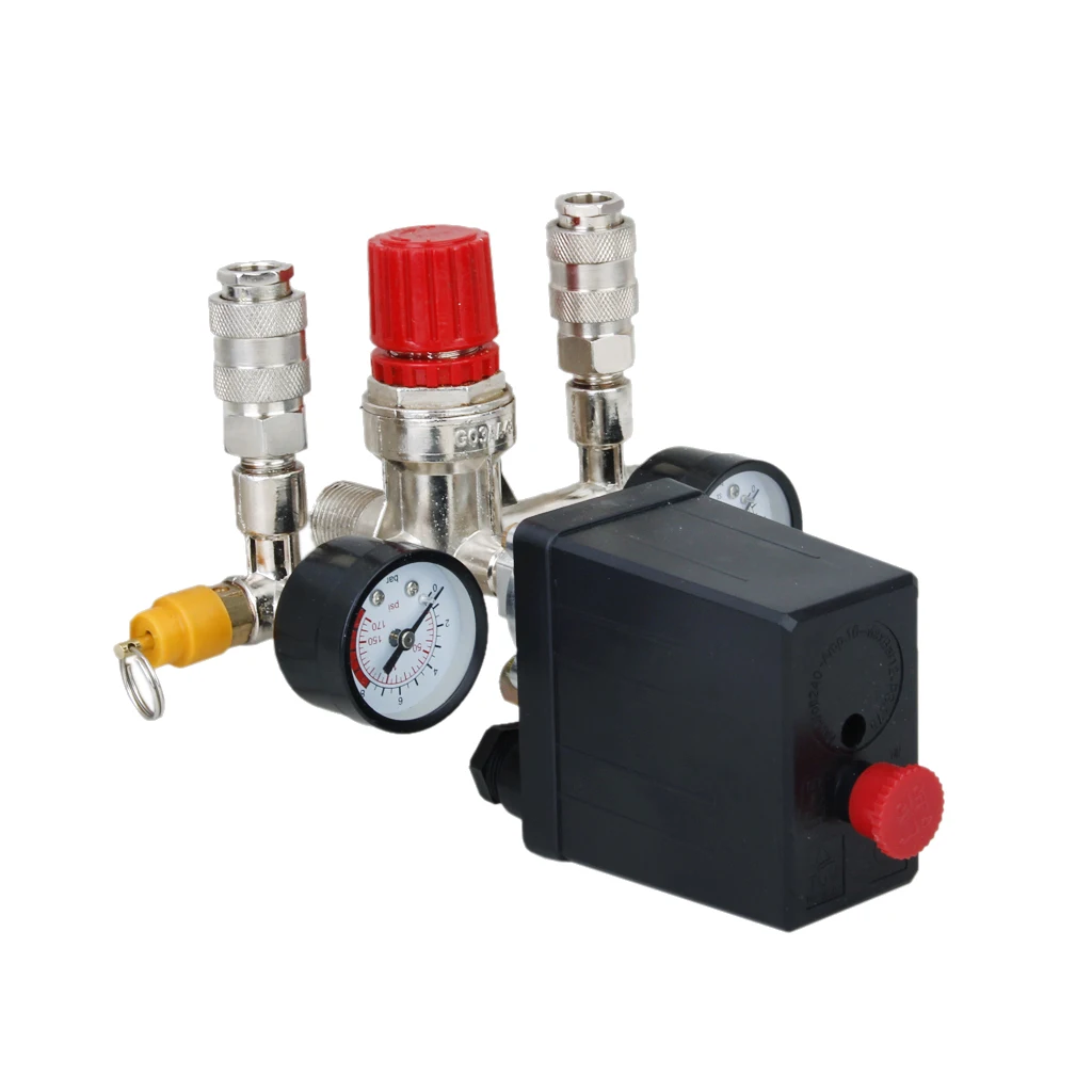 

Adjustable 4 Port Air Compressor Pressure Switch Double Pressure Regulator Gauge Control Valve 72-181 PSI 16A 12V