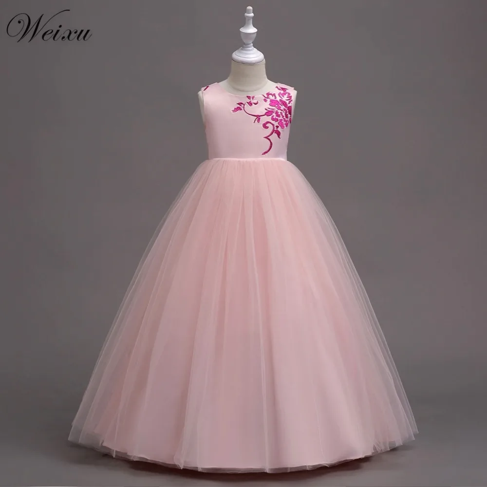 

Weixu 2019 Teenager Girls Long Pink White Sleeveless Princess Party Dress Fashion Floral Embroidery Wedding Dresses Kids Clothes