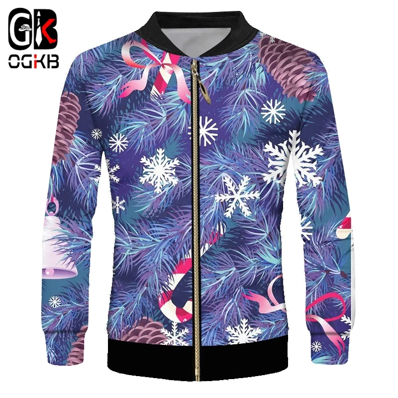 OGKB Men's Personality Large Size Christmas 3D Printed Zip Jacket Santa Claus And Snowflake Man Polyester Coat 6XL | Мужская одежда