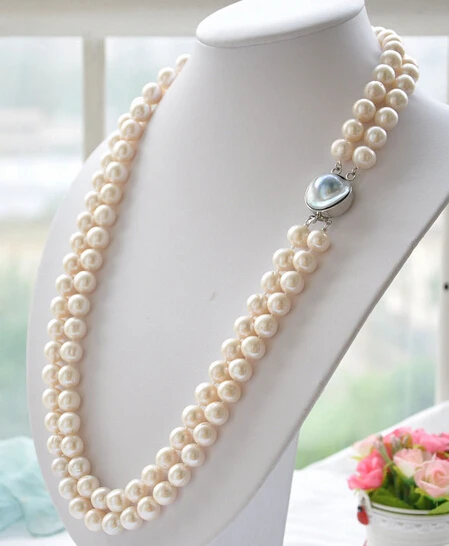 

Wholesale free shipping 100% Natural jewelry >>2row 27" 12mm white round white PEARL necklace mabe