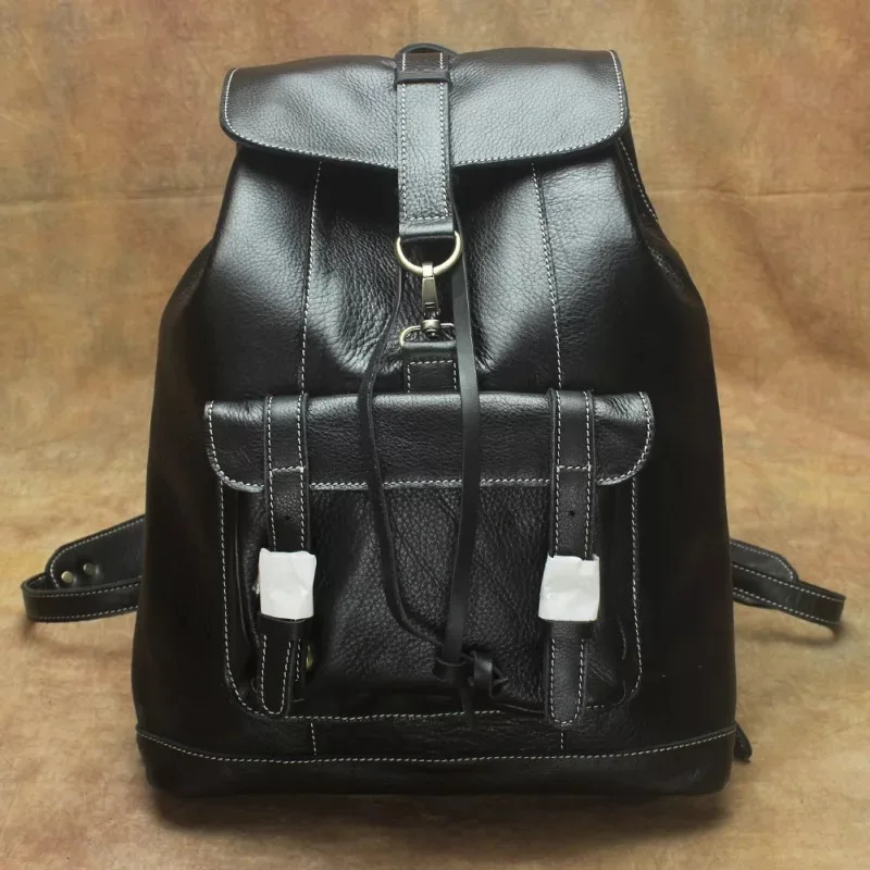 

100% Genuine Tanned Leather Black Color Large Casual Drawstring Cover Male Backpack Real Cowhide Male Travel Knapsack For Men