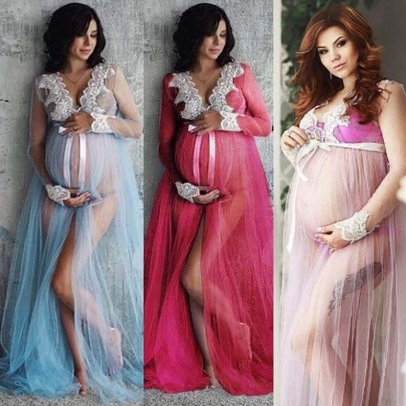 

Lace Women Maternity Dress Photography Props 2019 New Long Dress Maxi Pregnant Maternity Gown Costume Mesh Thin Dresses