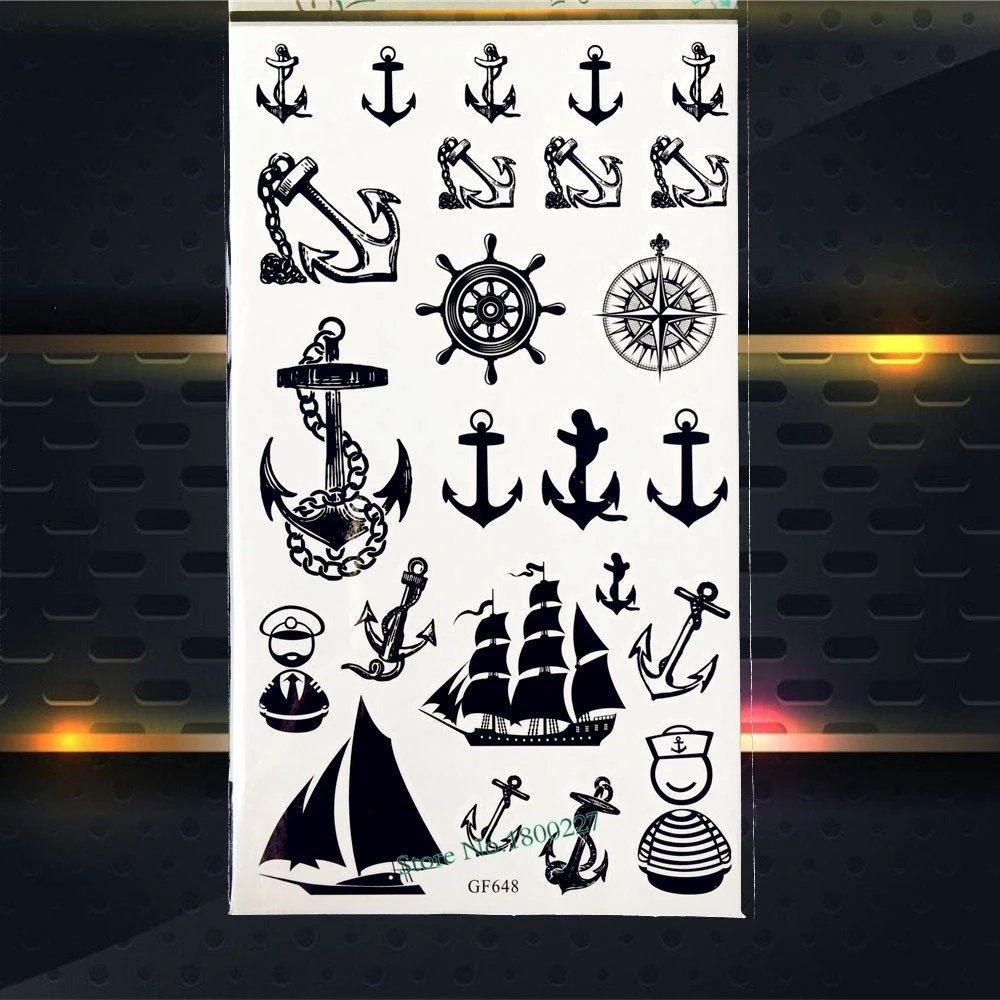 

Marine Navy Pirate Anchor Temporary Tattoo Compass Flash Black Tattoo Stickers 17*10cm Waterproof Tatoo Sticker Summer Style