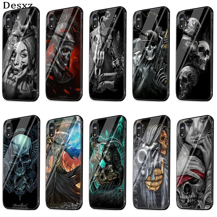 

Desxz Grim Reaper Skull Skeleton Luxury Case Glass For iPhone 5 5s SE 6 6s 7 8 Plus X XS Max XR Protection Cover