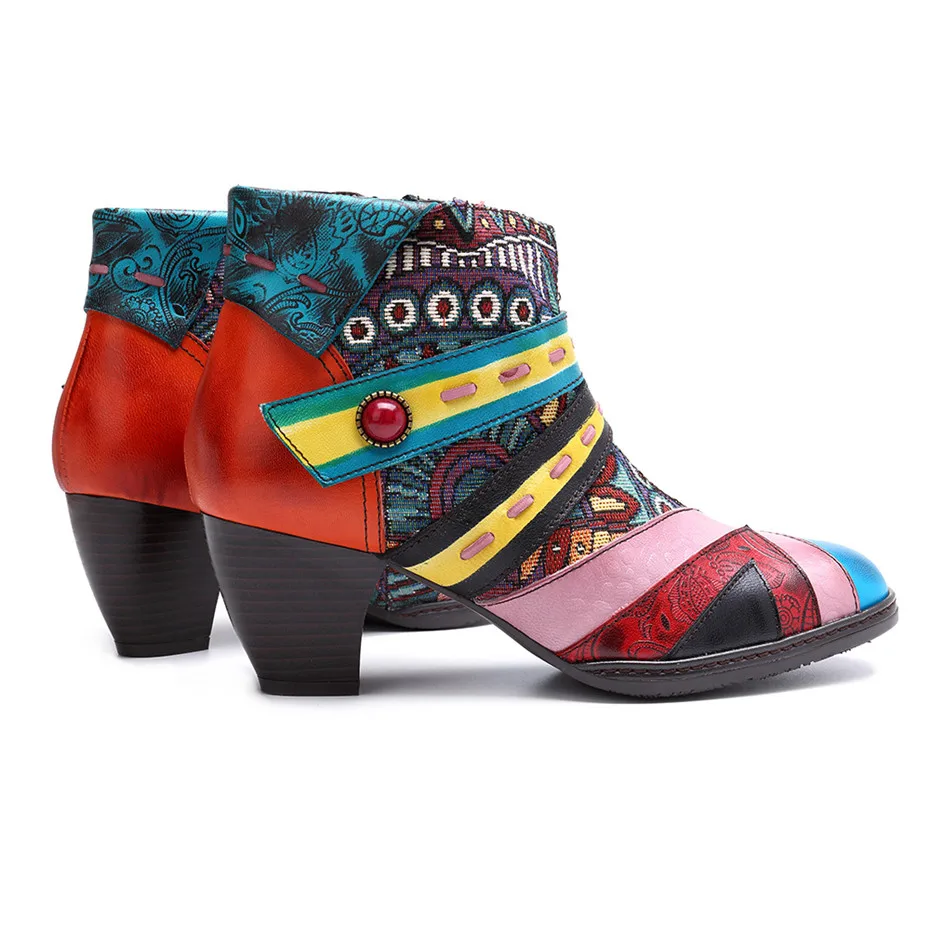 Plus Size Ethnic Women Ankle Boots Handmade Genuine Leather Female Short Boots Side Zipper Color Block Middle Heels Ladies Shoes (11)