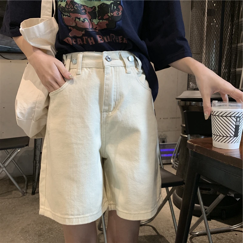 

2019 Summer Knee Length Women Casual Jeans Shorts Harajuku Wide Leg High Waist White Denim Shorts Vintage Pockets Short Femme