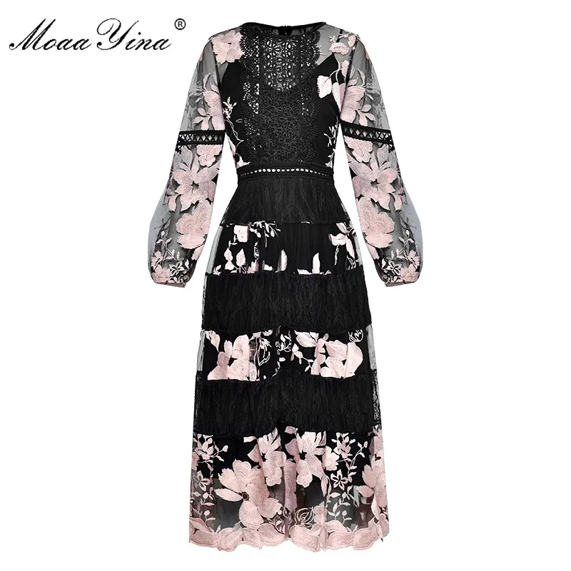 MoaaYina, винтажное модное весеннее женское платье, рукав-фонарик, прозрачная сетка, Цветочная вышивка, сексуальные вечерние, длинное платье