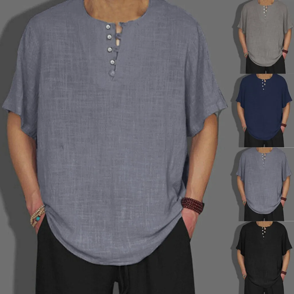 

2019 JAYCOSIN Men's Fashion Casual Baggy Cotton Linen Pocket Solid Tops Short Sleeve Retro Shirts April8 P30