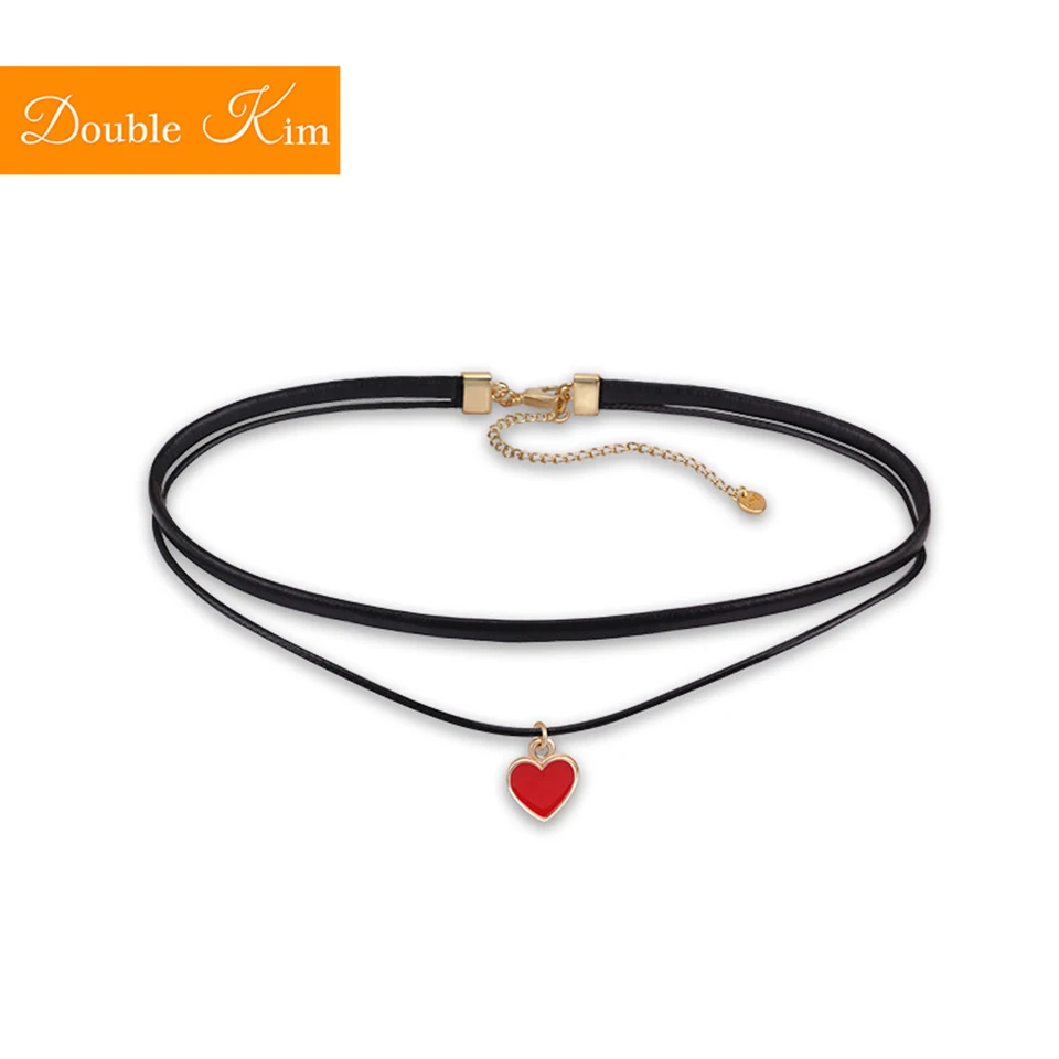 

Red Love Heart Choker Titanium Stainless Steel Leather Strap Draw Glaze European USA Fashion Trendy Women Jewelry Gift