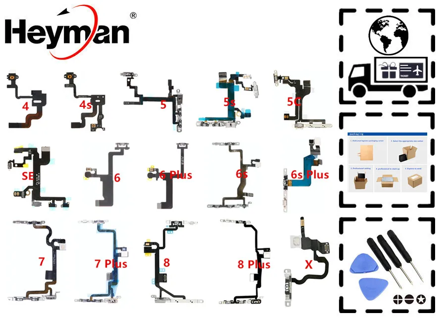 

Heyman On Off Button flex Cable for Apple iPhone 4s/5/5S/5C/SE/6G/6Plus/6SPlus/7G/Plus/8/X Volume Button Power Switch microphon