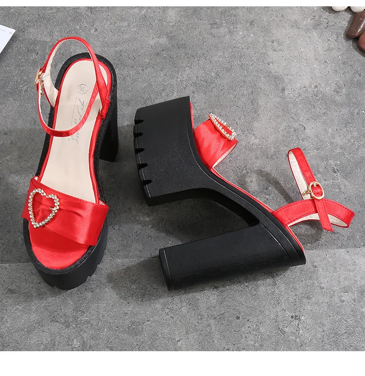 G-sparrow 14CM Comfortable Platform High Heels Thick Buckle Diamond Sandals Female Red Wedding Shoes Summer 2018 New Black37