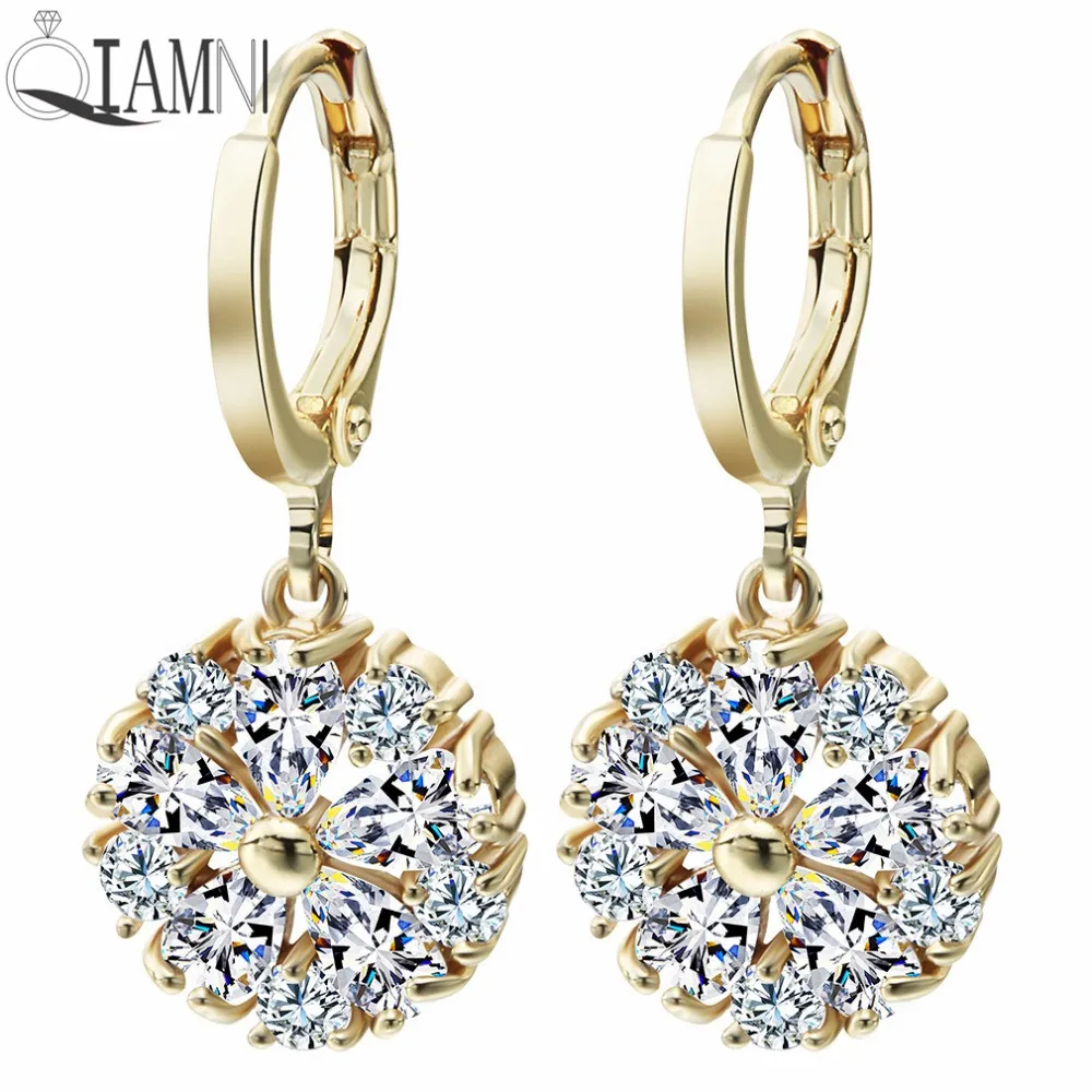 

QIAMNI Charming Flower Design Beautiful Inlay Clear Cubic Zirconia Dangle Drop Earrings for Women Wedding