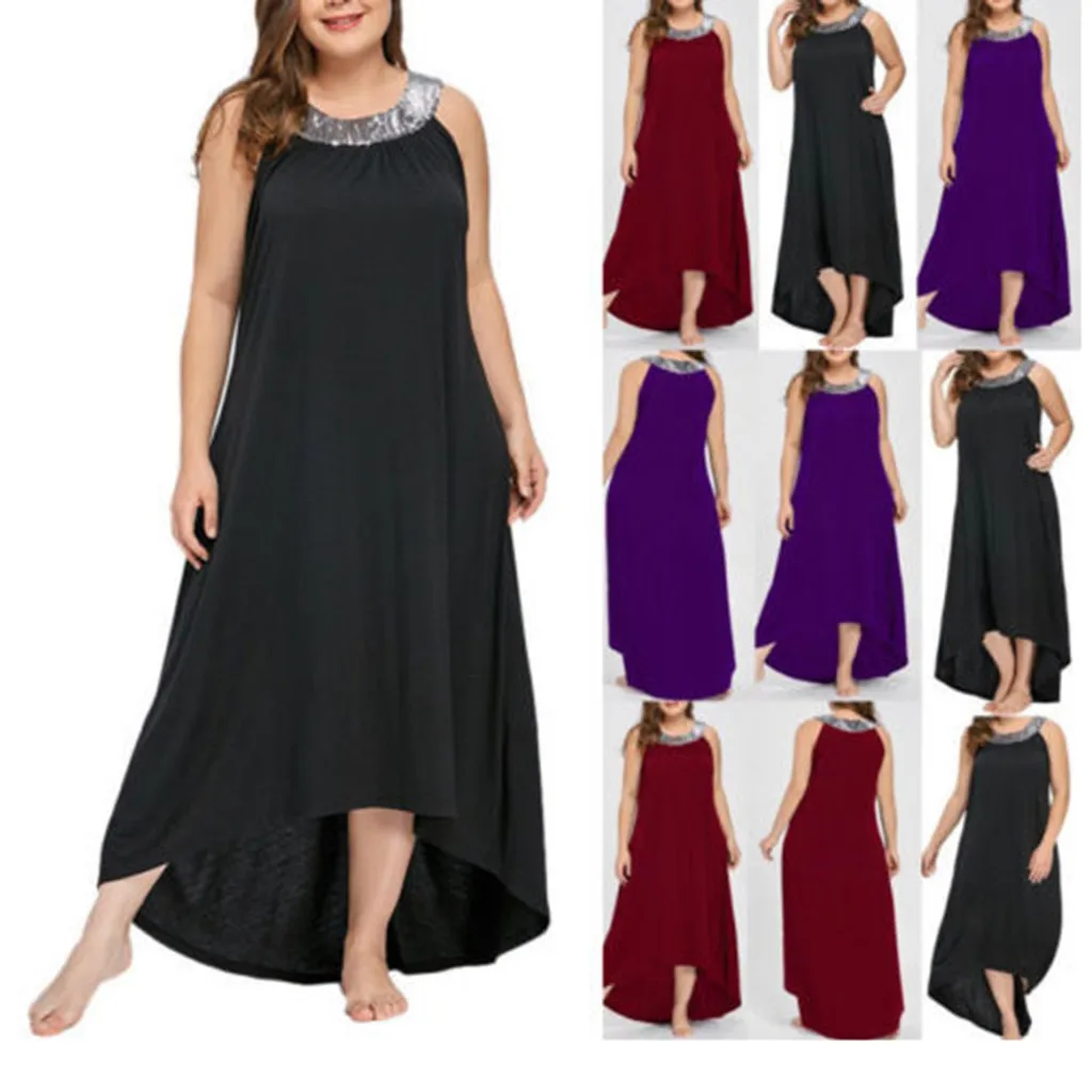 

2019 New Casual Summer Women Plus Size Sleeveless Beads Collar Solid Color Party Dress long dress Vestito da donna robe femme #C