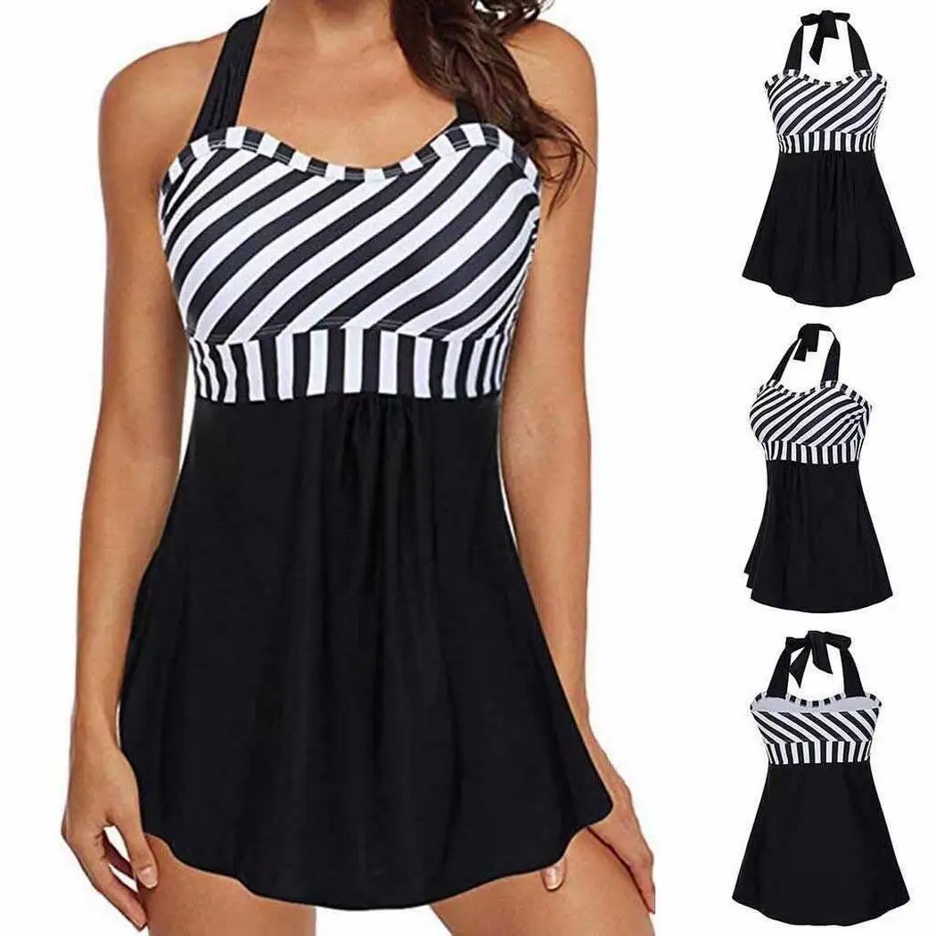 

Summer One Piece Swimsuit for Women Slimming Monokini Female Swimwear Bathing Suit Halter Striped Print Purple Black Beach Dress