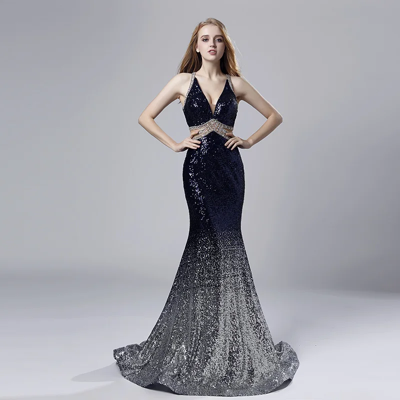 Sparkle Sequin Long Mermaid Prom Dresses with Beading Navy Blue V-Neck Ruffles Skirt Sexy Backless Evening Party Gowns OL553