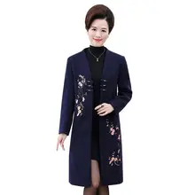 Осенне-зимняя мода размера плюс 4XL Женское шерстяное пальто с вышитыми цветами женское приталенное повседневное длинное шерстяное пальто Верхняя одежда O622