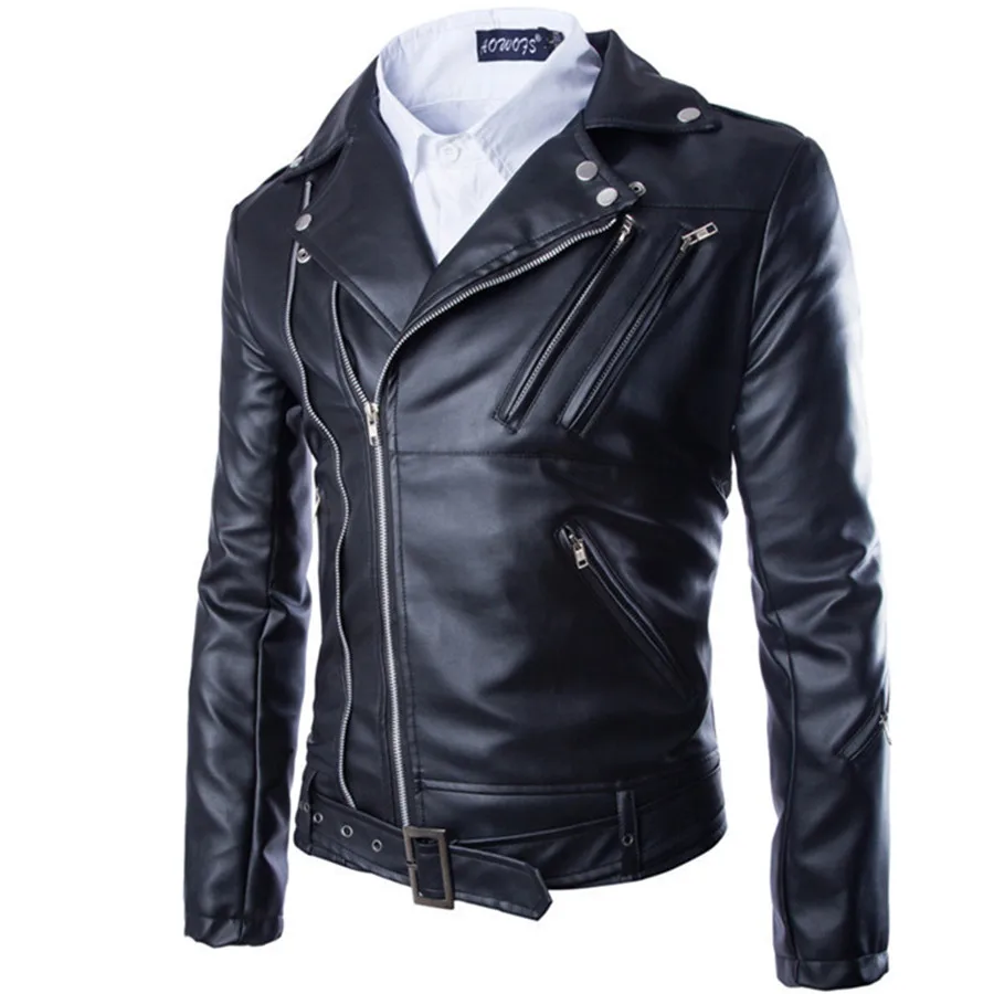Autumn Whinter Brand New Fashion Style Male Jackets PU Leather Multiple Zippers Turn down Collar 