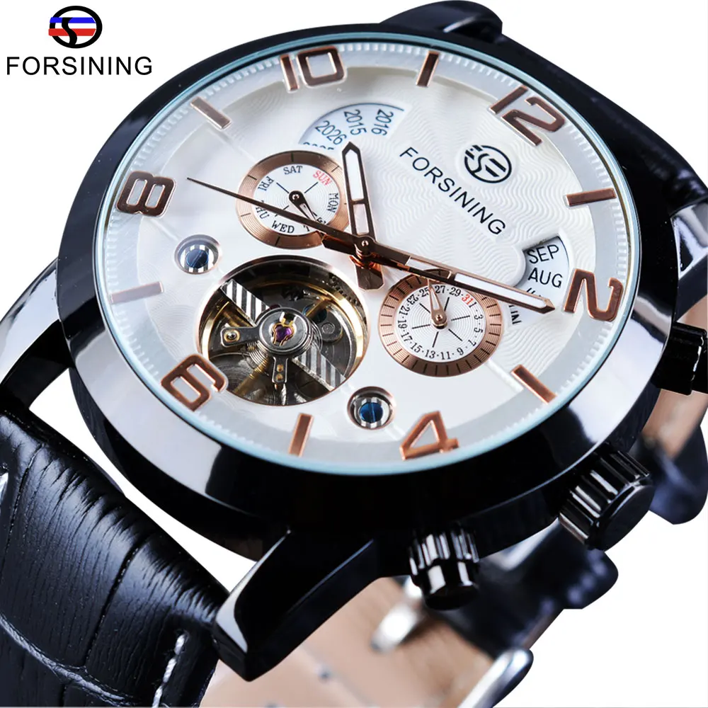Forsining Tourbillion, черные, золотые, волнистые, с циферблатом, модные, повседневные, дизайнерские, мужские часы, Лидирующий бренд, механические, автоматические наручные часы для мужчин - Цвет: White