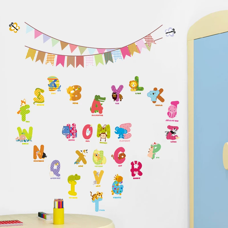 Животные персонажи буквы настенные наклейки-флаг детская комната День Рождения украшения английская стена де
