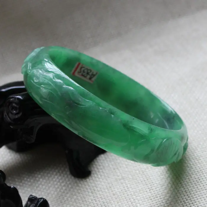 

A835 Vintage Chinese Hand-carved Emerald Green stoneite stone Bracelet Bangle 59mm 10.20 40