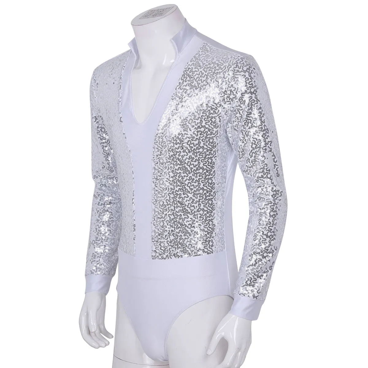 Men Leotard Ballet Bodysuit One piece Shiny Sequins V Neck Long Sleeves High Cut Dance Shirt Short Unitards Leotard Bodysuit