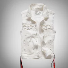 Белый джинсовый жилет для мужчин потертый сплошной цвет Карманы ковбой ленты мужские пальто куртка мода Vinatge повседневная одежда