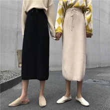Повязка с высокой талией сумка Хип вязаная юбка Повседневная Женская Весенняя новая однотонная Ретро галстук на шнурке тонкая одношаговая длинная юбка