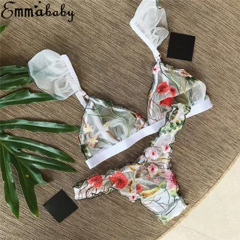 

Sexy Womens Lace Floral Embroidery Flying Sleeve Mesh Bras Sets Romantic Lolita Underwear Babydoll Sleepwear Bra & Brief Sets