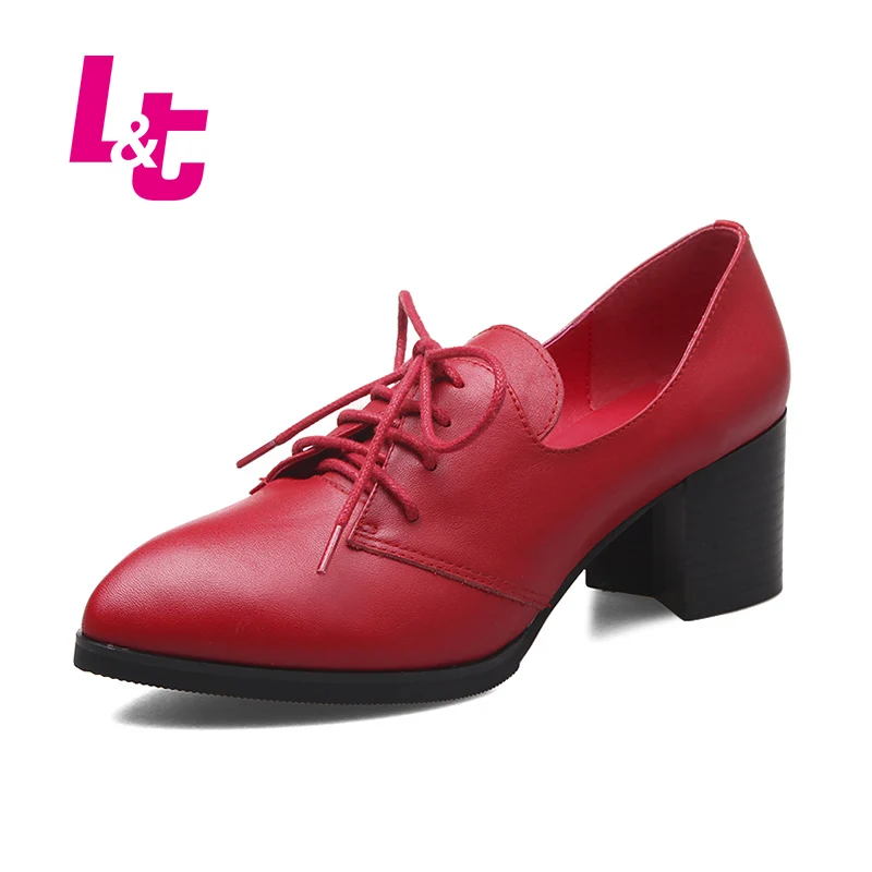 

L&T retro mary janes women pumps genuine leather platform hoof high heels sapato feminino lace-up pointed toe ladies shoes