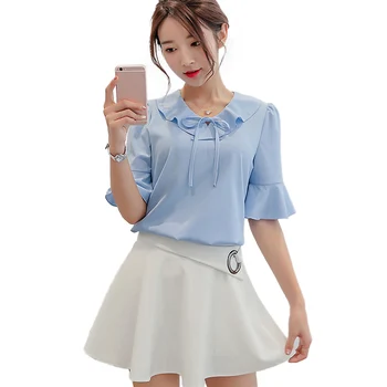 

Summer Women's Shirts Vintage Bow Collar Floral Chiffon Blouse Women Short Sleeve Ruffle Tops
