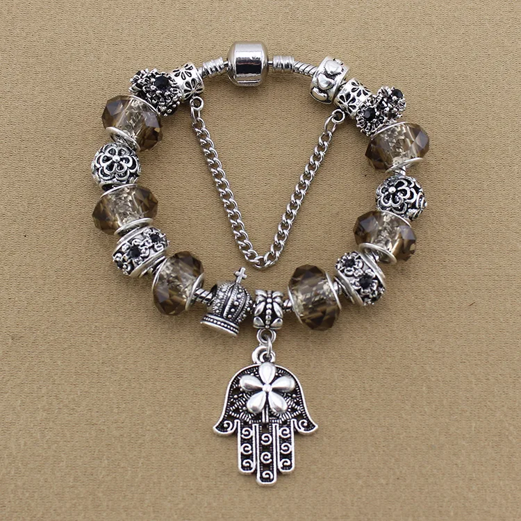 

Black Glazed Crystal Glass Beads Palm Glamour Crown Silver-plated European Retro Pan Bracelet Female Jewelry Christmas Gift