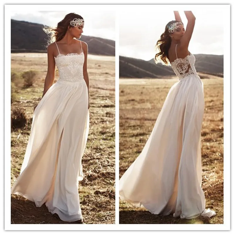 Vintage Lace Beach Wedding Dresses Spaghetti Straps Chiffon Floor Length Bridal Simple Cheap Gown W031 | Свадьбы и торжества
