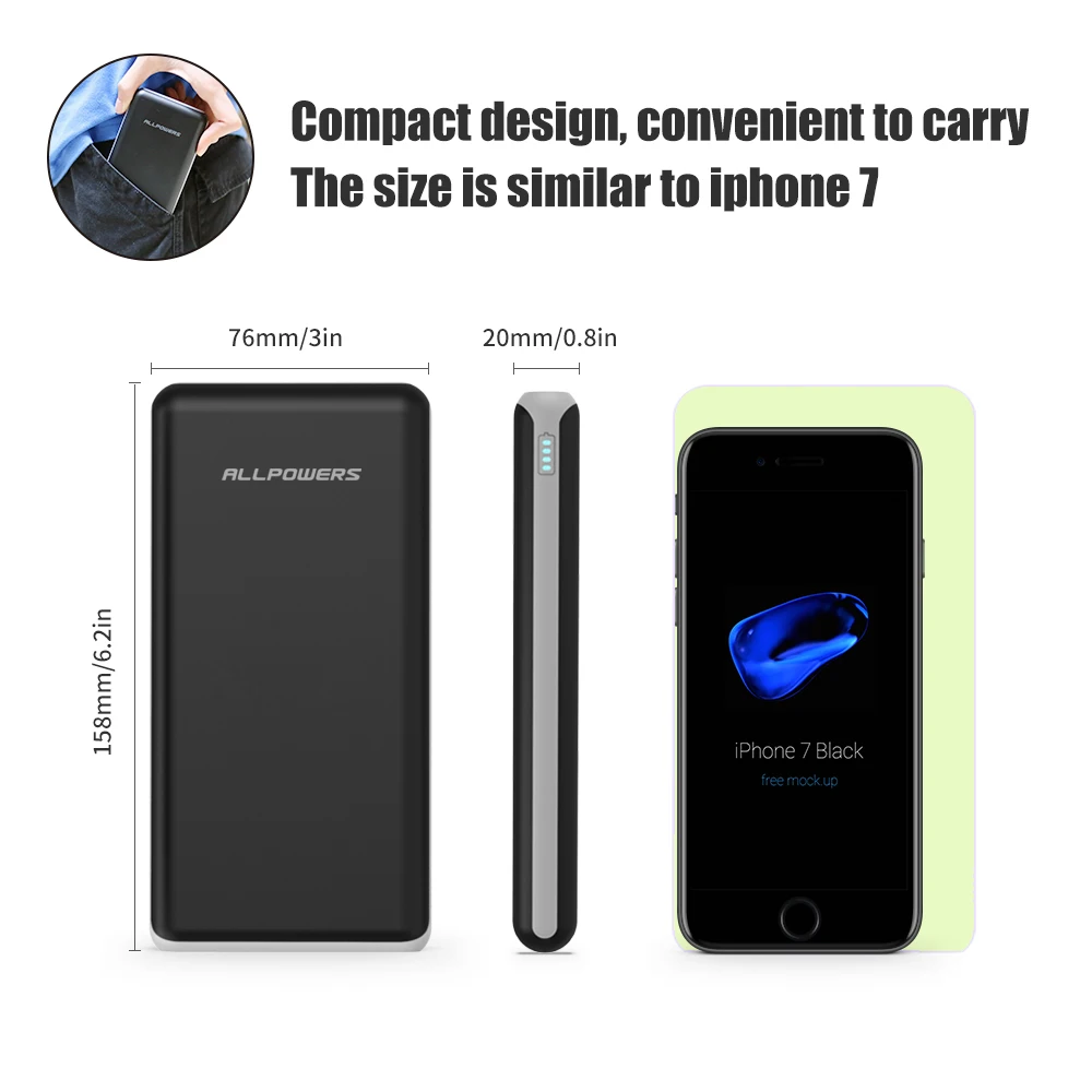 ALLPOWERS Power Bank 20000mAh batería externa portátil doble salida USB carga rápida para iPhone X