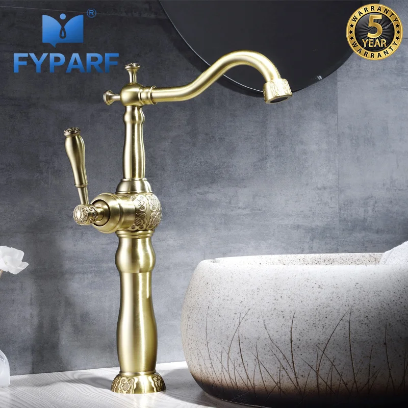 FYPARF Tall Bathroom Gold Faucet Single Handle 360 Rotating Long Spout