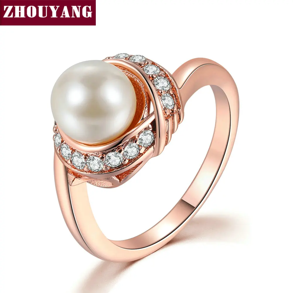 

ZHOUYANG Wedding Rings For Women Simple Imitation Pearl Cubic Zirconia Rose Gold Color Engagement Gift Fashion Jewelry R676