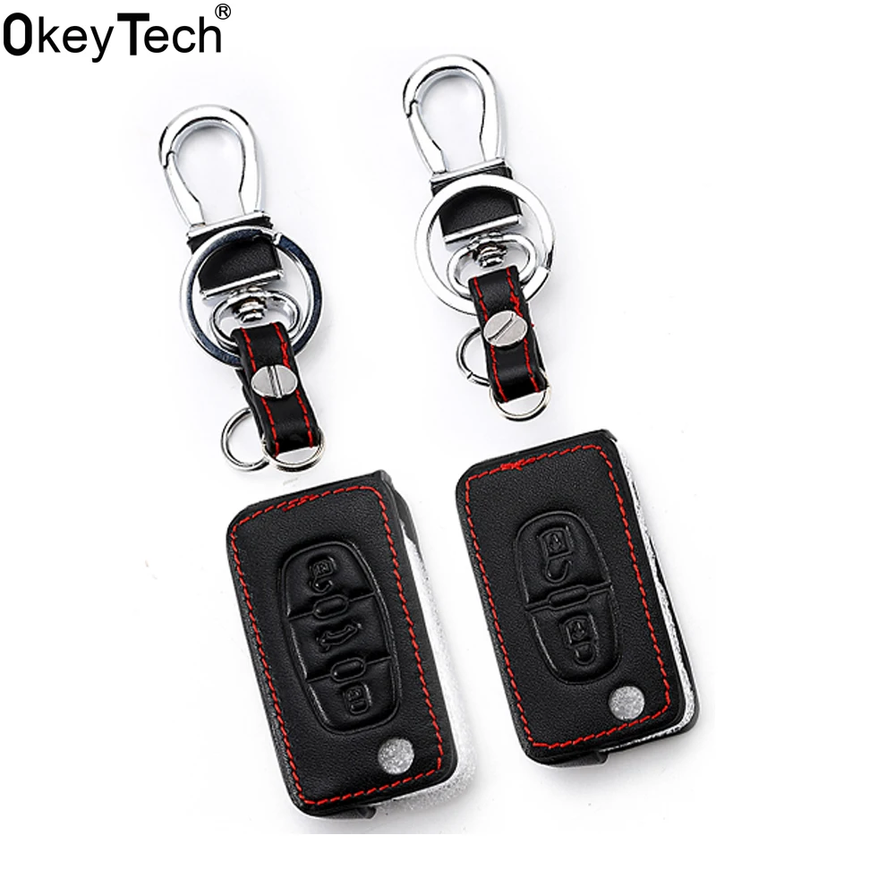 OkeyTech Leather Car Key Case Cover For Peugeot 107 207 307 407 308 607 For Citroen C1 C2 C3 C4 C5 C6 C8 Good key bag 3 buttons