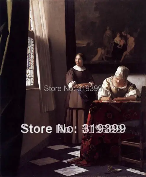 

Johannes Vermeer Oil Painting Reproduction,Lady Writing a Letter with Her Maid ,Free Shipping ,100% handmade,Old Master Painting