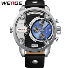 WEIDE Brand Multifunctional Men Sport Watches Dual Time Zone Analog Display 30m Waterproof Leather Strap 3 Small Decoration Dial weide men s sport dress watches black dial waterproof quartz analog multiple time zone watches leather strap buckle wristwatch