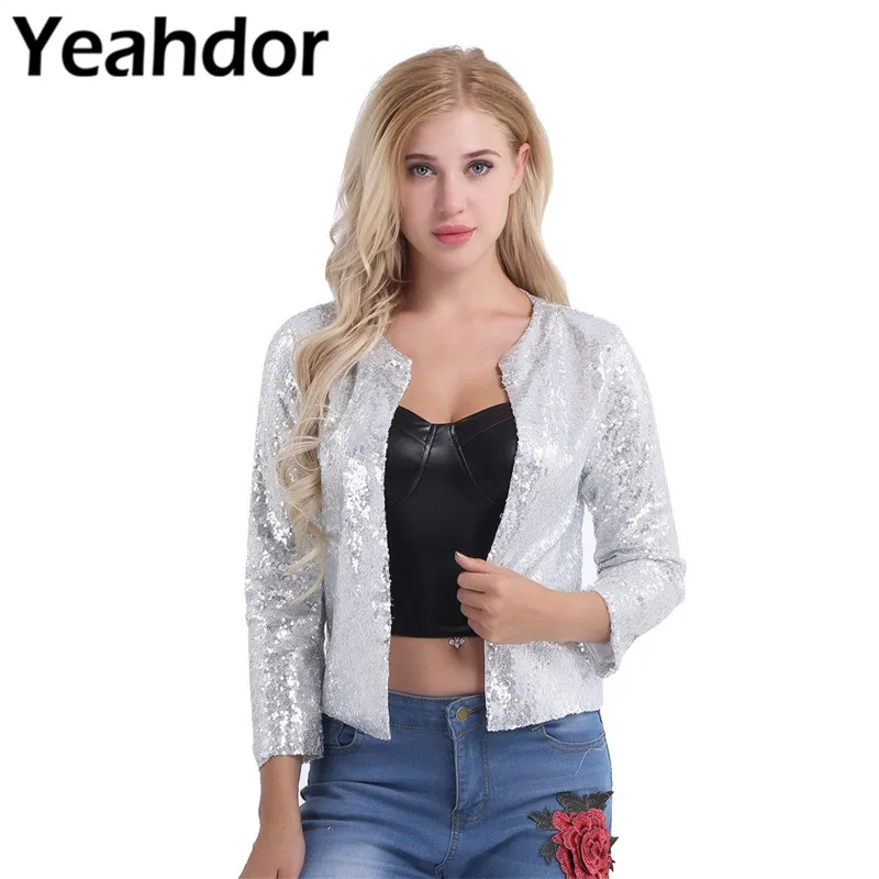 

Women Long Sleeve Fashion Shiny Sequins Open Front Cardigan Office Work Formal Slim Blazer Jacket Coat For Wedding Evening Gown