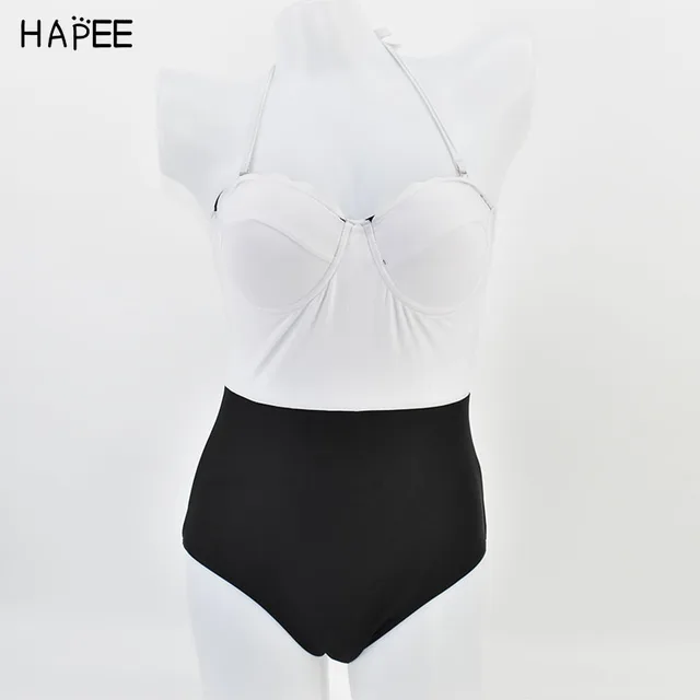 New Black White Bathing Suit Halter One Piece Swimsuit Brazilian Swim