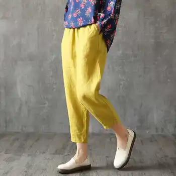 

Plus Size Cotton Linen Harem Trousers Women Pockets Elastic High Waist Loose Casual Pants Solid Female Summer Pants
