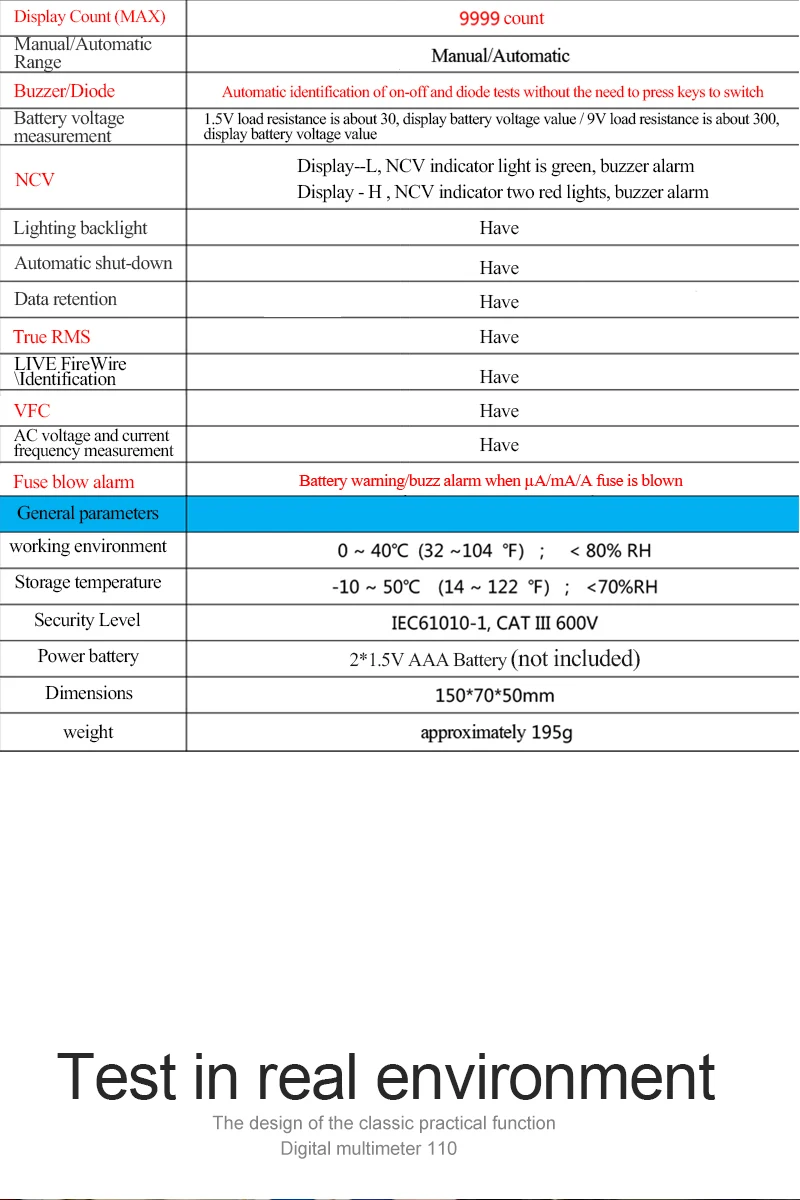 Цифровой мультиметр RICHMETERS 110 TRUE-RMS 9999 отсчетов NCV подсветка AC DC Напряжение Ток Сопротивление тестер батареи