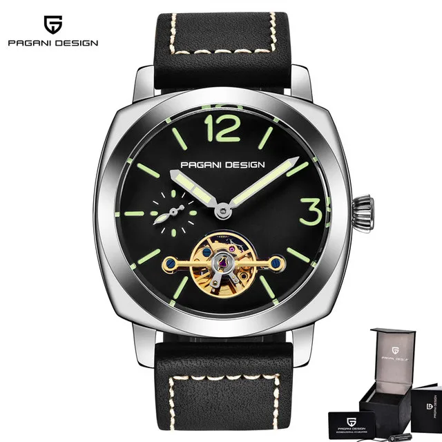 PAGANI Дизайн Роскошные Tourbillon механические часы мужские из натуральной кожи модные повседневные каркасные часы с автоматическим подзаводом дропшиппинг+ коробка - Цвет: silver black