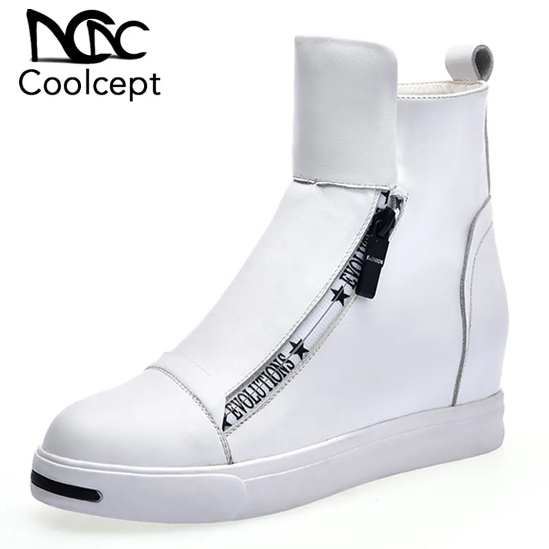 

Coolcept Women Genuine Leather Flats Shoes Zipper Fashion High Top Shoes Daily Breathable Sneakers Women Footwear Size 34-39