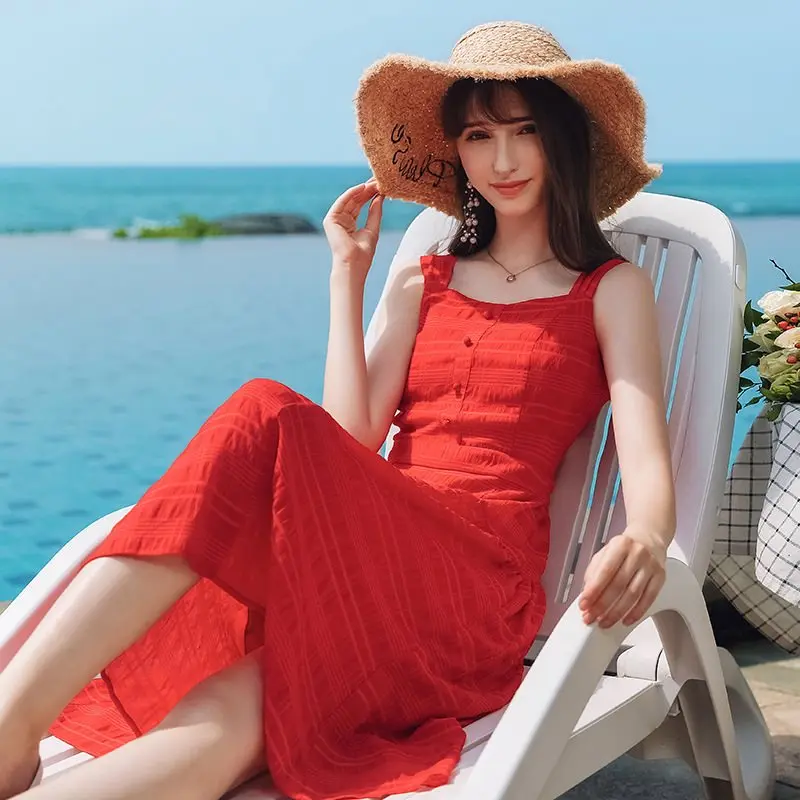 

Strap retro Hepburn style small red dress 2019 summer new women's super fairy small platycodon chiffon dress