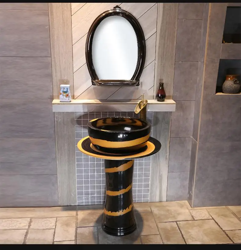 Yellow Curve Art Pillar Basin Bathroom Ceramic Pillar Washbasin