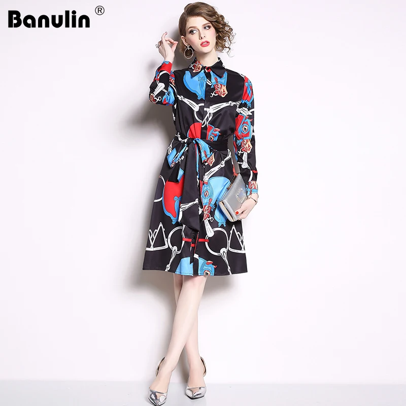 

Banulin Women Dresses 2018 High Quality New Runway Dress Turn-Down Collar Long Sleeve Printed Sashes Party Shirt Dress