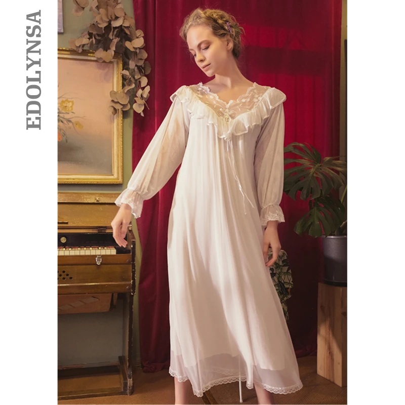 

2019 Victorian Lace Ruffed Summer Sleepwear Elegant Vintage Women Night Wear Home Dress Princess Nightgown Cotton Lining T488