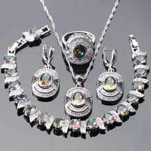 Свадебные ювелирные наборы из стерлингового серебра 925 пробы Серьги для женщин Волшебная Радуга CZ натуральные камни Свадебный браслет кольца ожерелье набор
